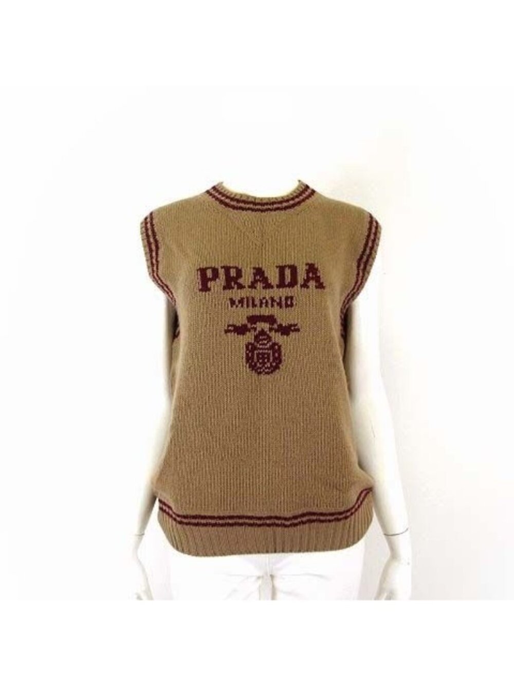 Prada Wool Cashmere Knit Vest Sleeveless Sweater and Logo Jacquard S Camel 38